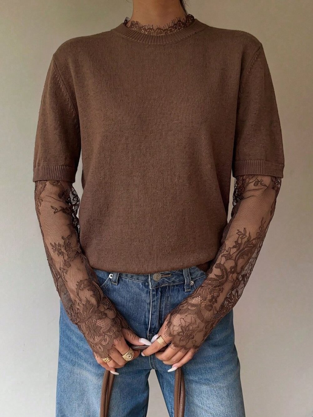 Brown Casual Women's Lace detailed Plush Knit Sweater top - Picture 8 of 9